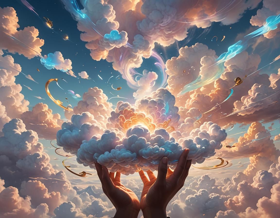 "A Cloud Sculptor showcasing craft: sculpting clouds, with holographic signs highlighting their unique jobs."