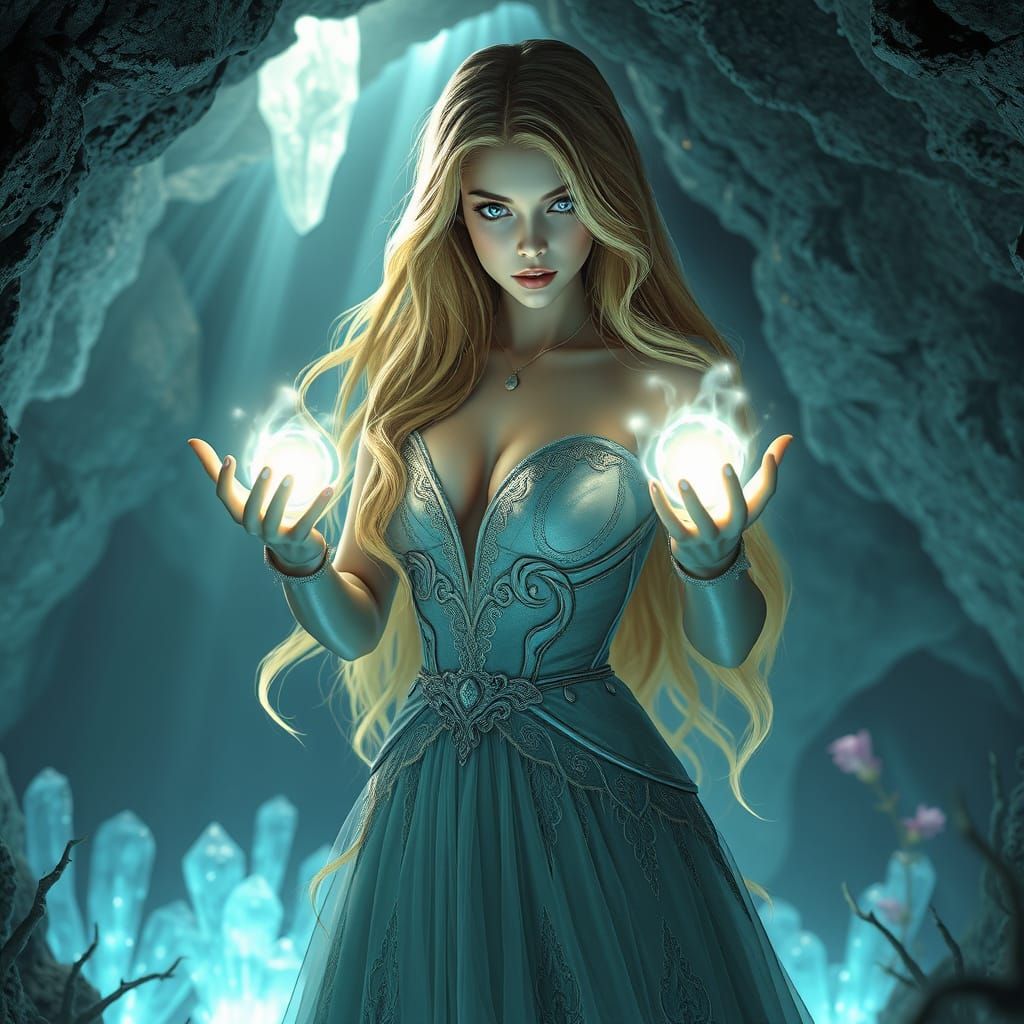 Enchantress Casting Spell in Bioluminescent Cave