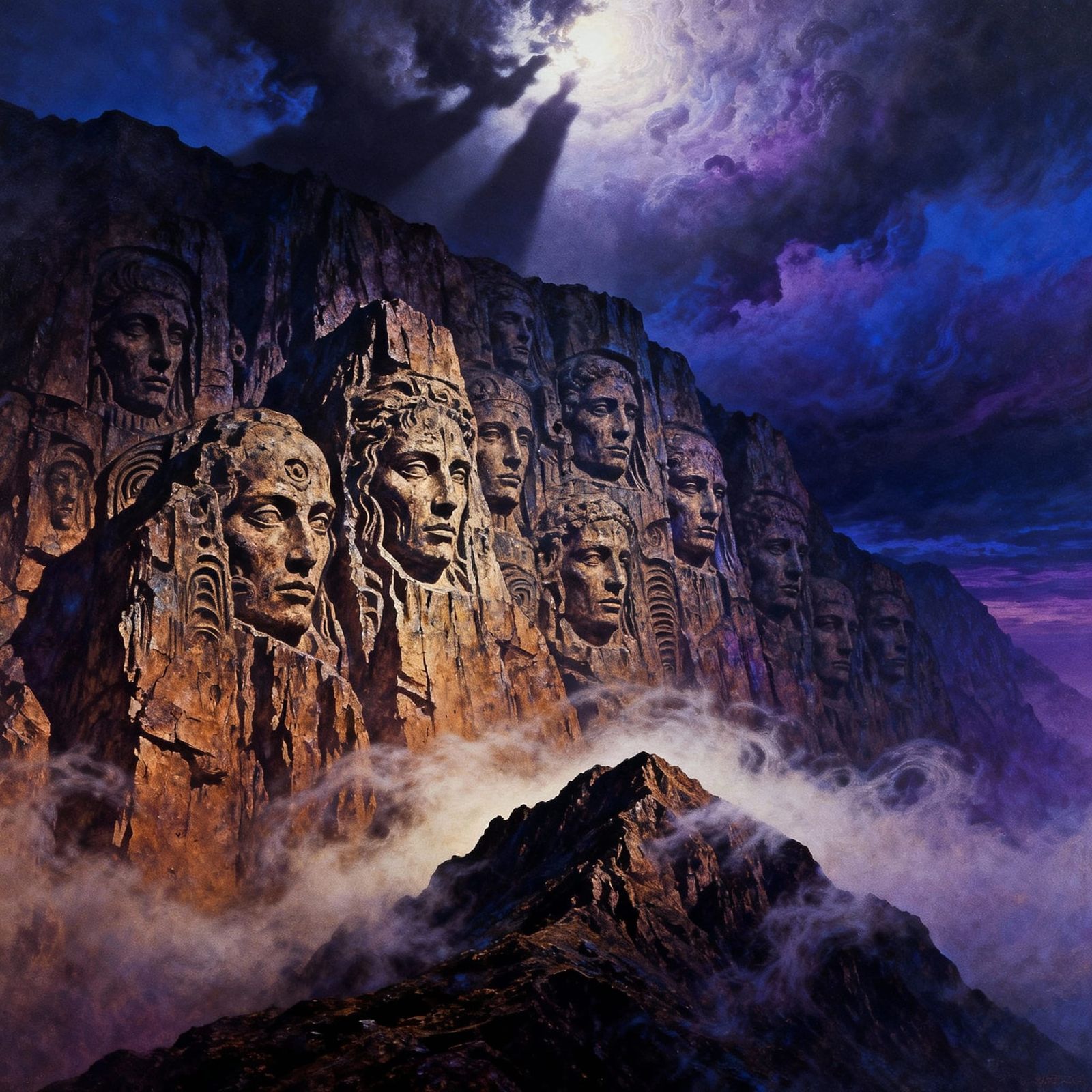 Ancient Faces Adorn Mysterious Cliff in Ethereal Landscape