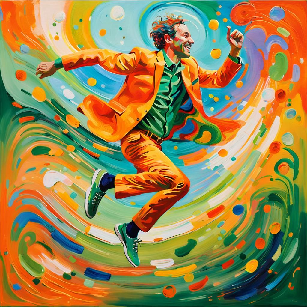 Man Dancing in Orange and Green, Fauvist Oil Painting
