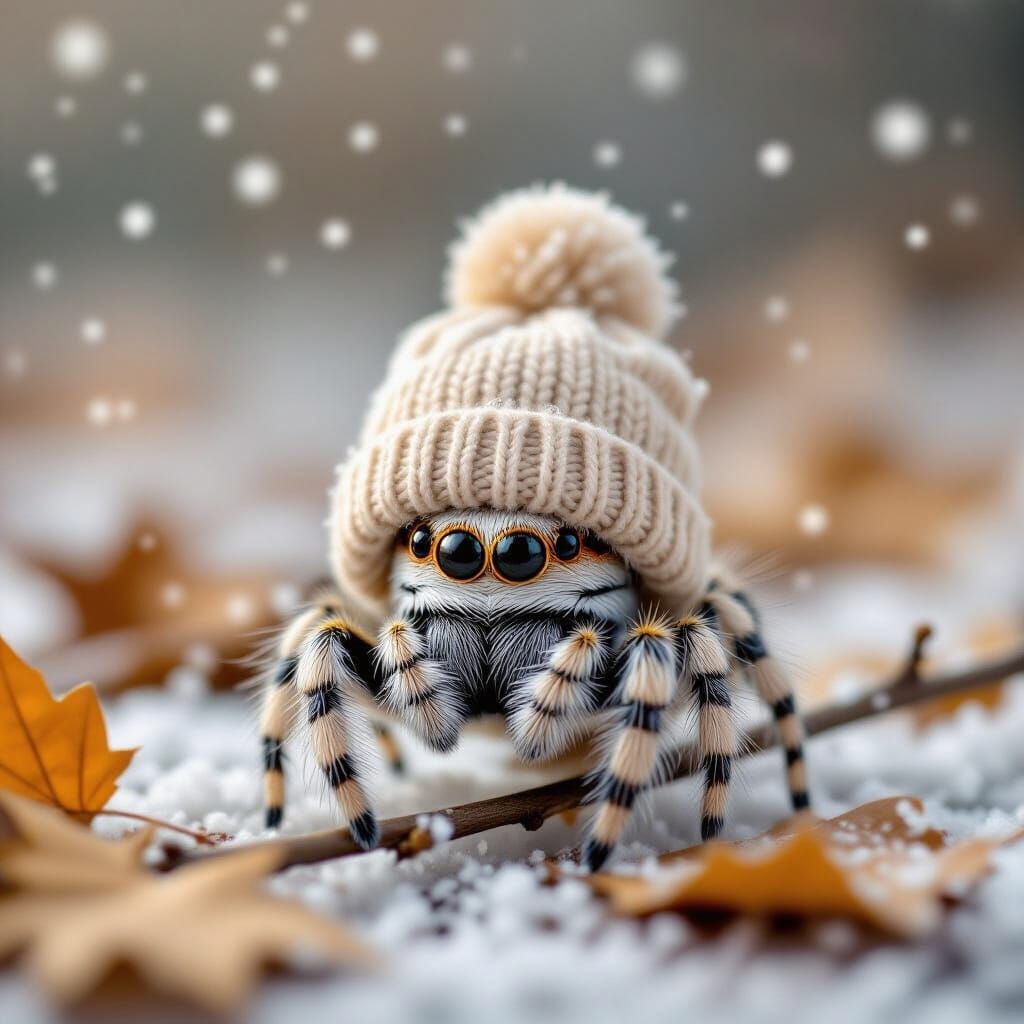 Fluffy Spider in Knit Beanie: Macro Winter Scene