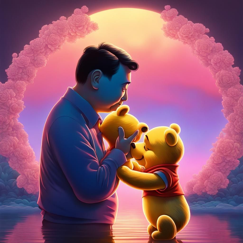 Winnie the Pooh Kisses Xi Jinping: Photorealistic Portrait