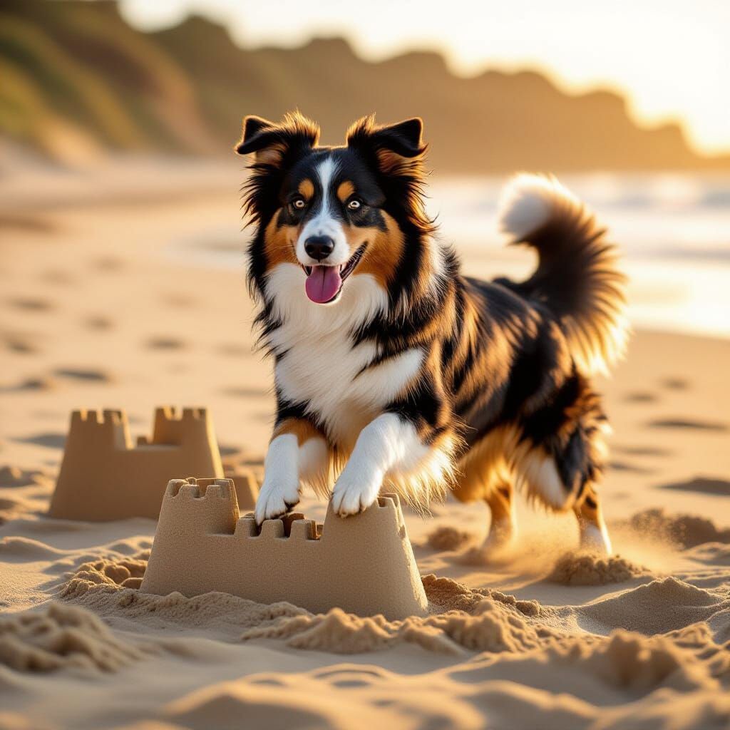 Border Collie Leaping Over Sandcastles on Beach
