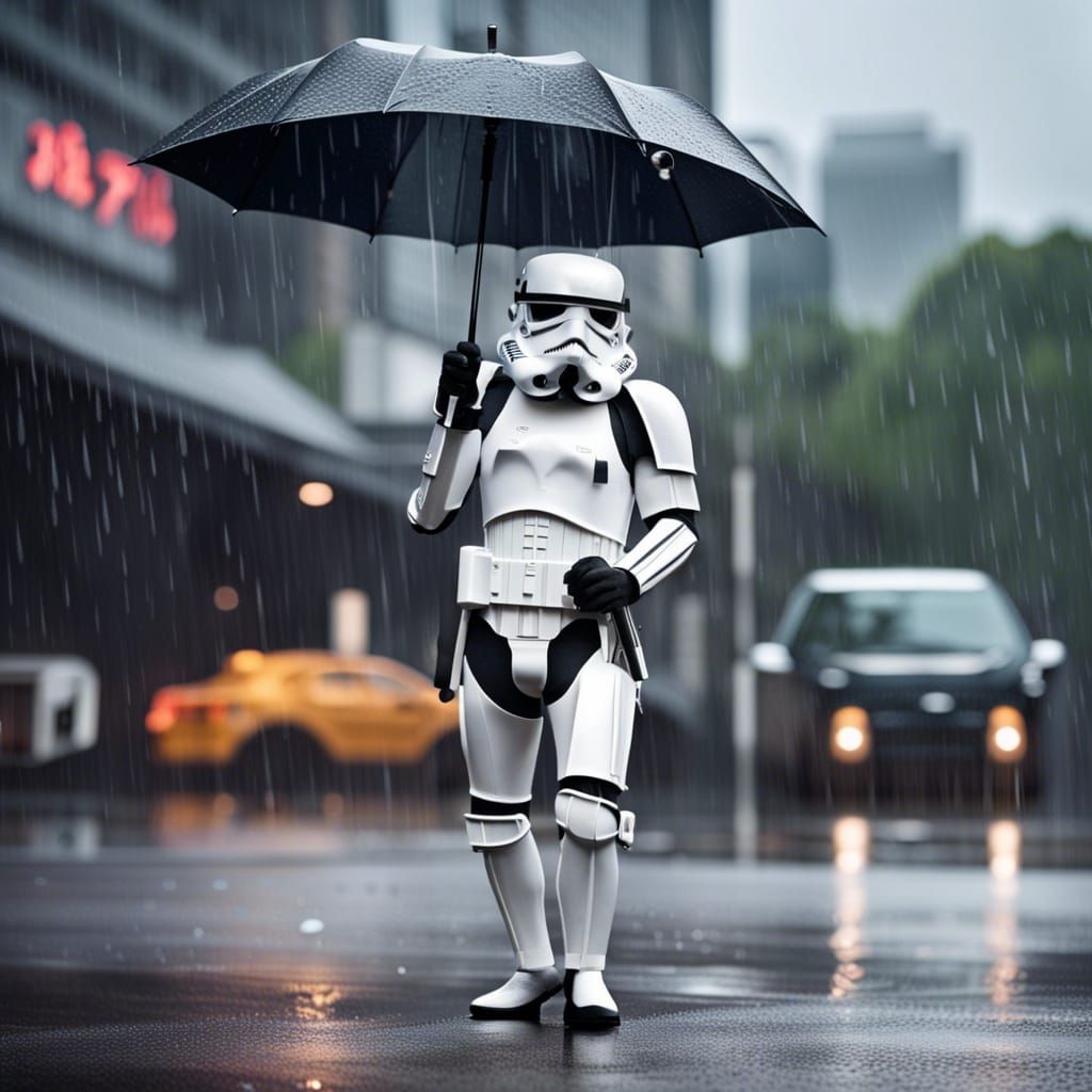 Stormtrooper with Umbrella in Rainy Weather