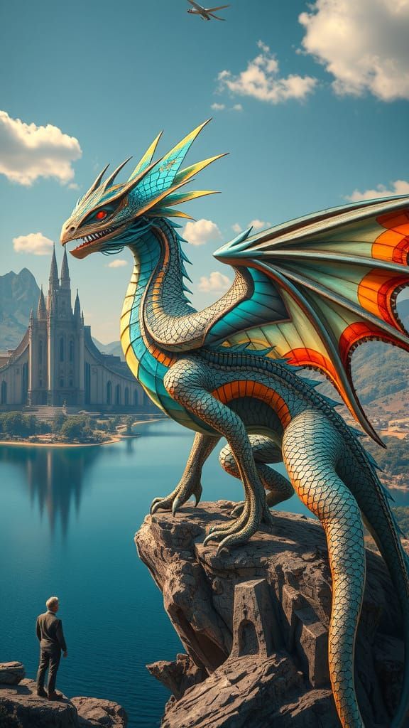 Dragon-Ornithopter Hybrid Over Pristine Lake in Solarpunk Ci...