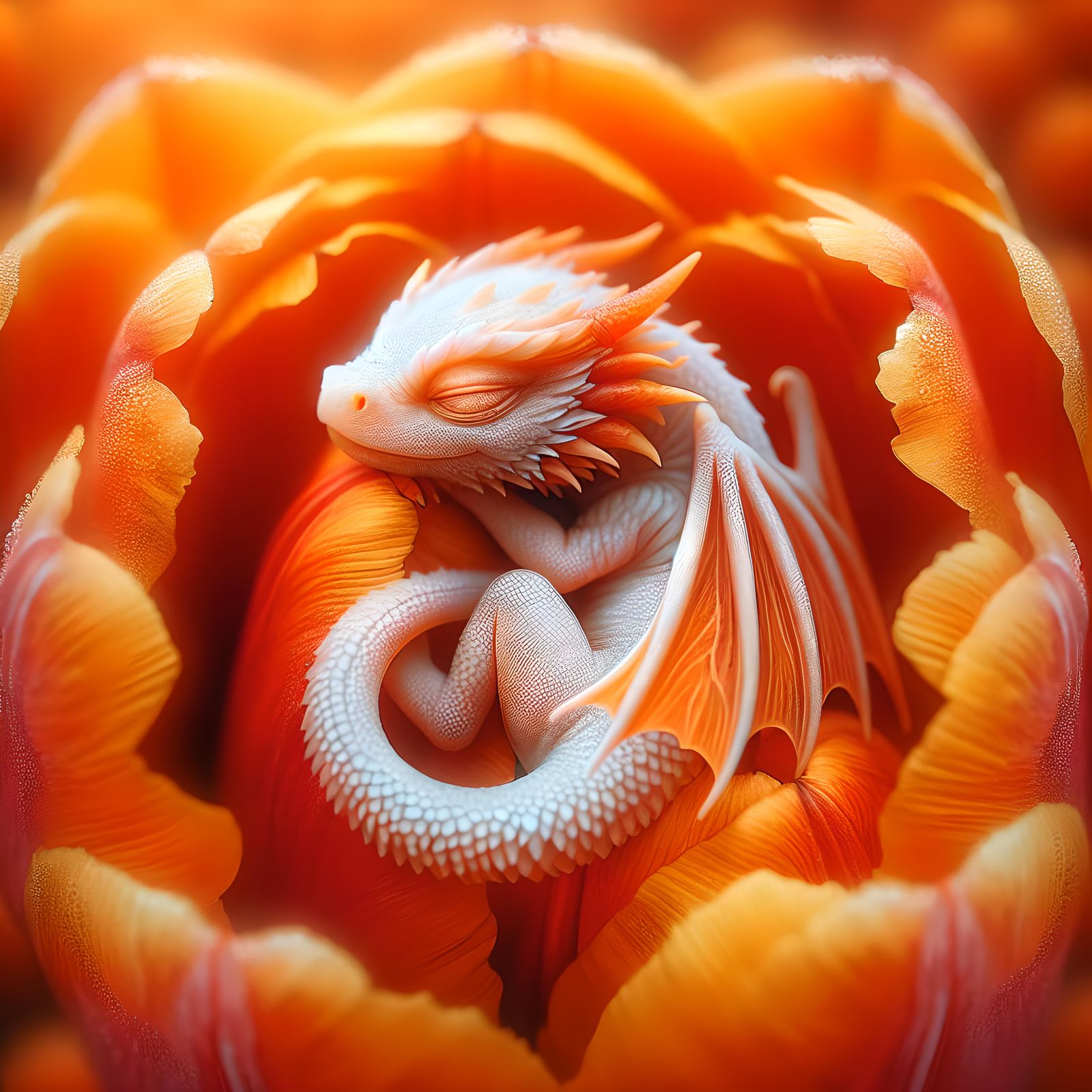 Baby Dragon Sleeps in Orange Tulip: Watercolor Macro
