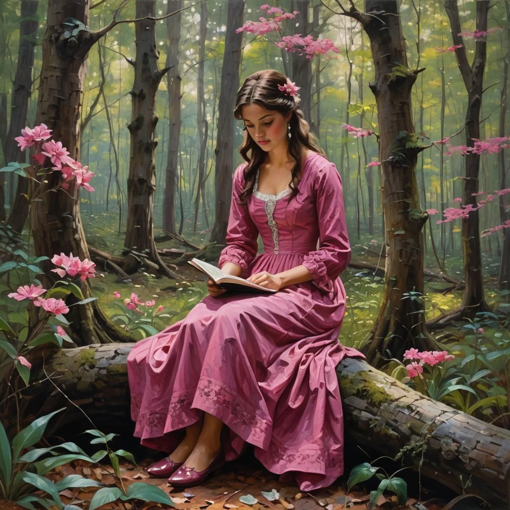 a girl in deep pink dress, reading in woods