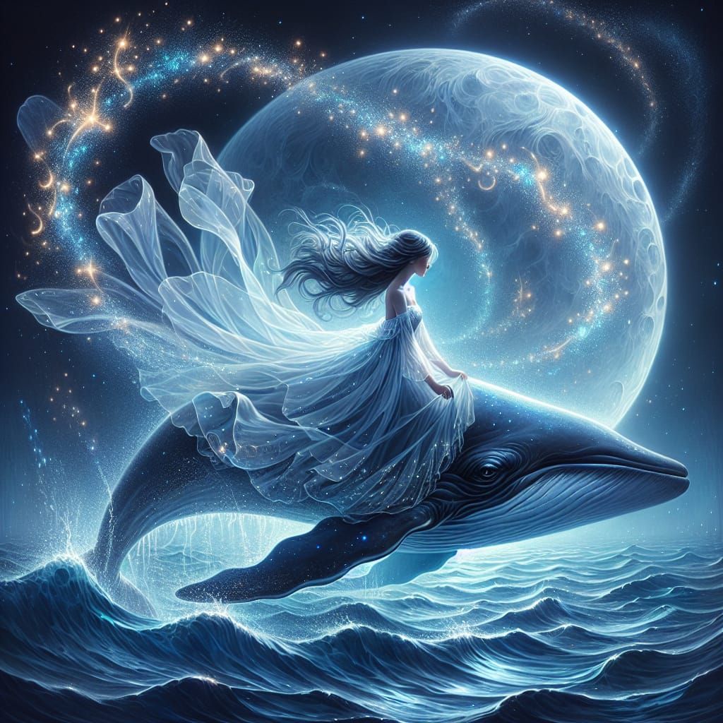 Woman Rides Whale in Luminous Ocean