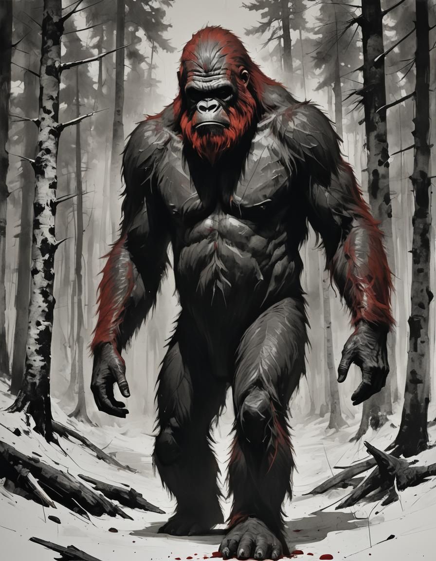 Red Sasquatch in Gritty Forest, Selective Coloring