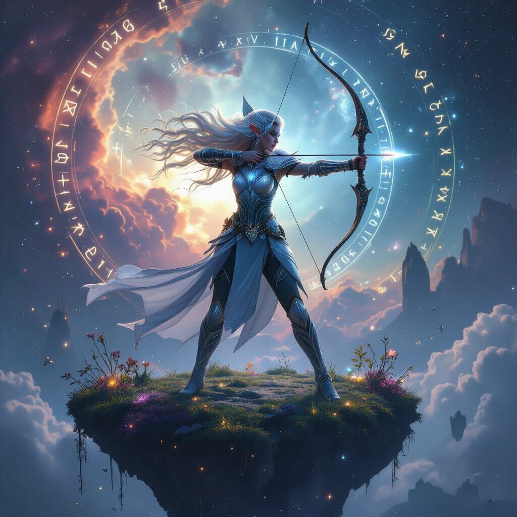 Celestial Elf Huntress on Floating Island in Nebula