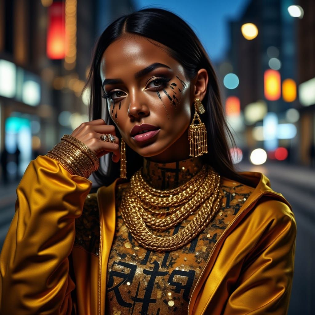 Confident Homegirl with Geometric Face Paint in Streetwear