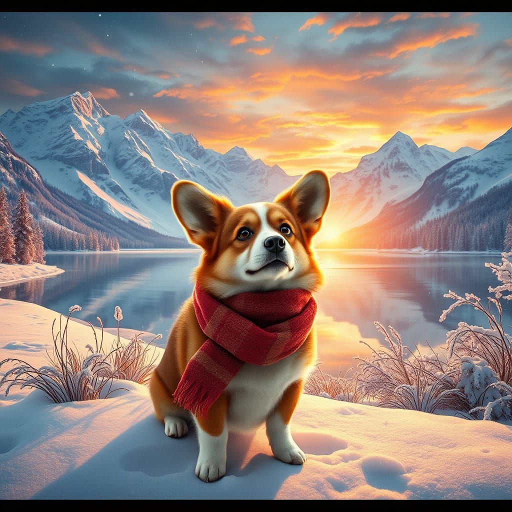 Majestic Corgi Stands in Serene Snowy Landscape at Sunset