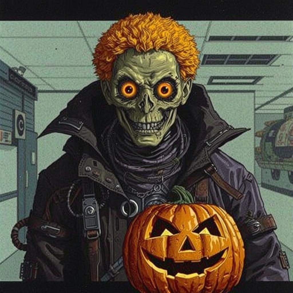 Creepy Scarecrow Cyborg in Post-Apocalyptic Vaporwave Scene