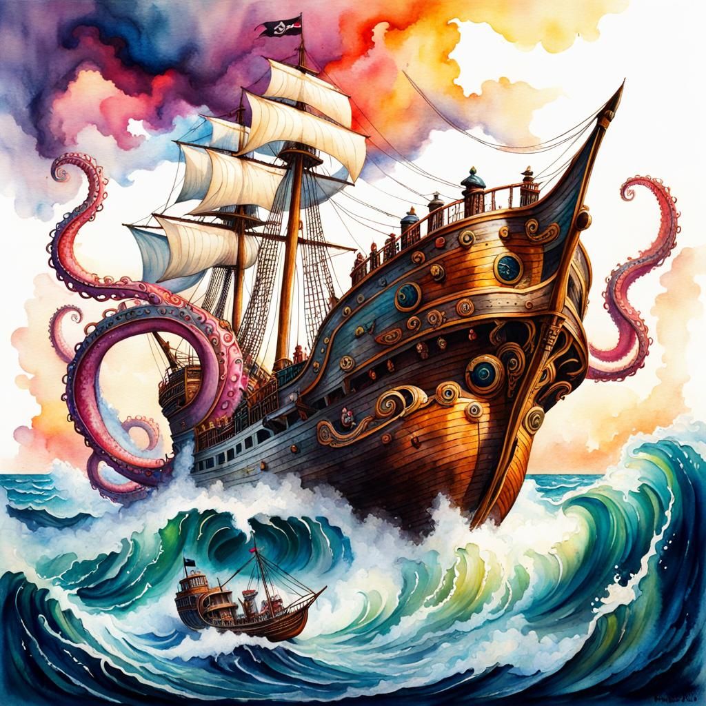 Kraken's Grasp: Pirate Ship Pulled into Ocean Depths