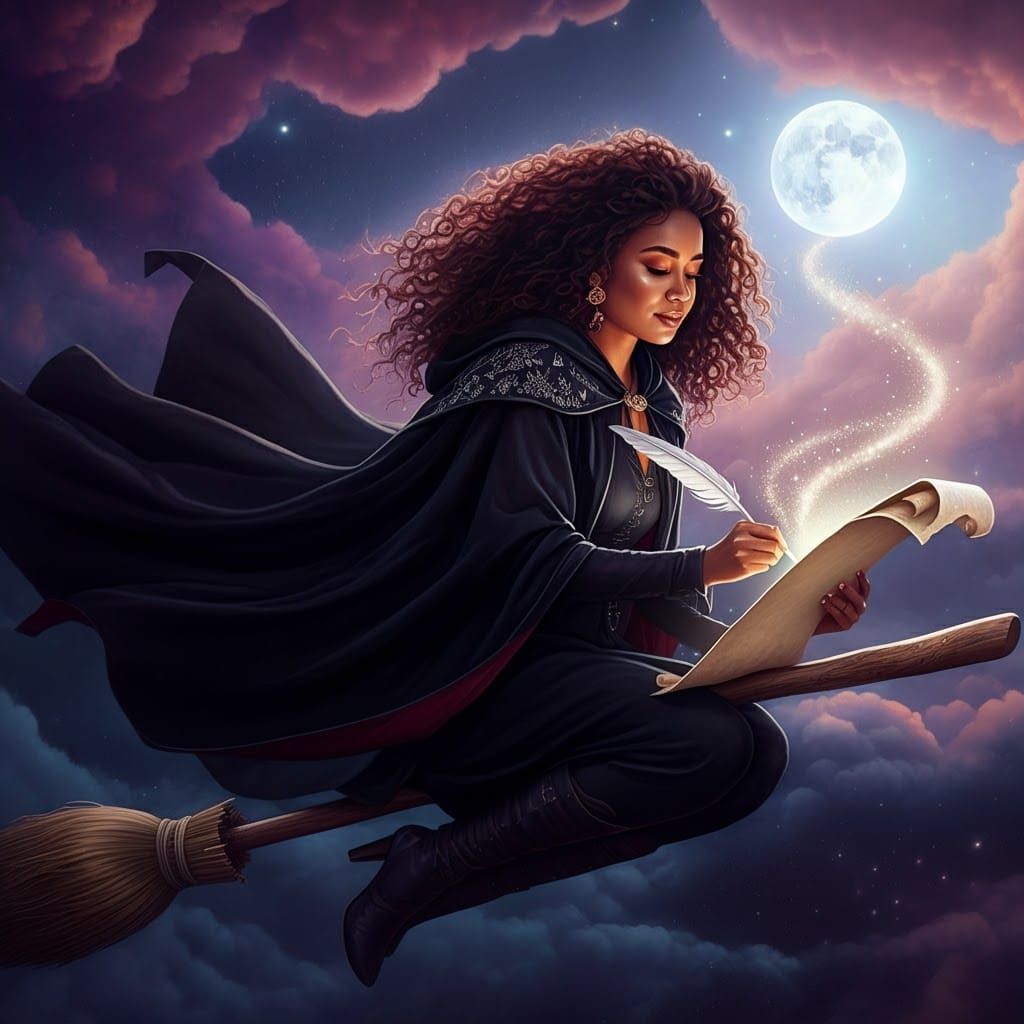 Flying Witch Writes in Starry Night Sky