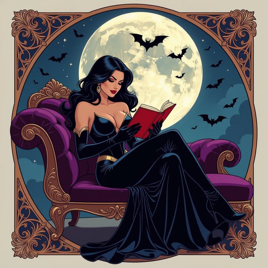 Superheroine Reading in Art Nouveau Style