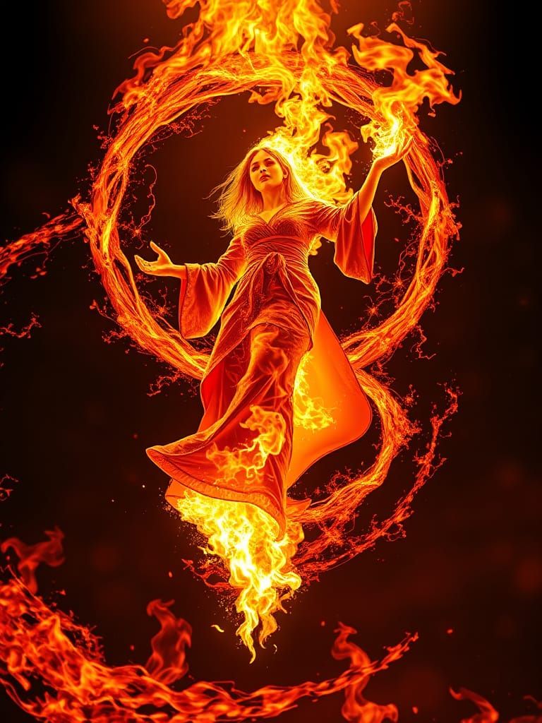 photo realistic image of fire in a shape of a girl floating on whirl fire, fire eyes and lightning, wearing fire robe, f...