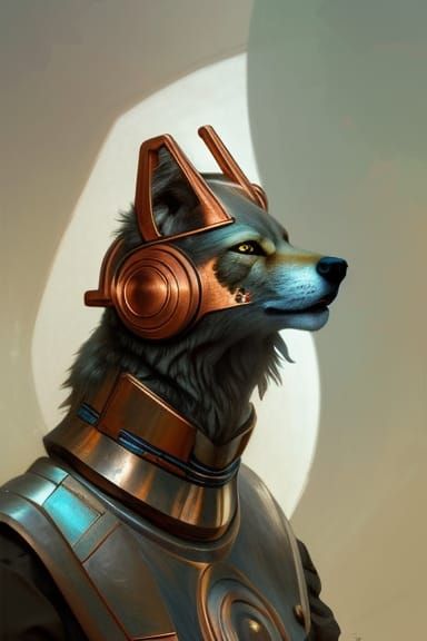 Anthropomorphic Eurasian Wolf in Copper Helmet Portrait