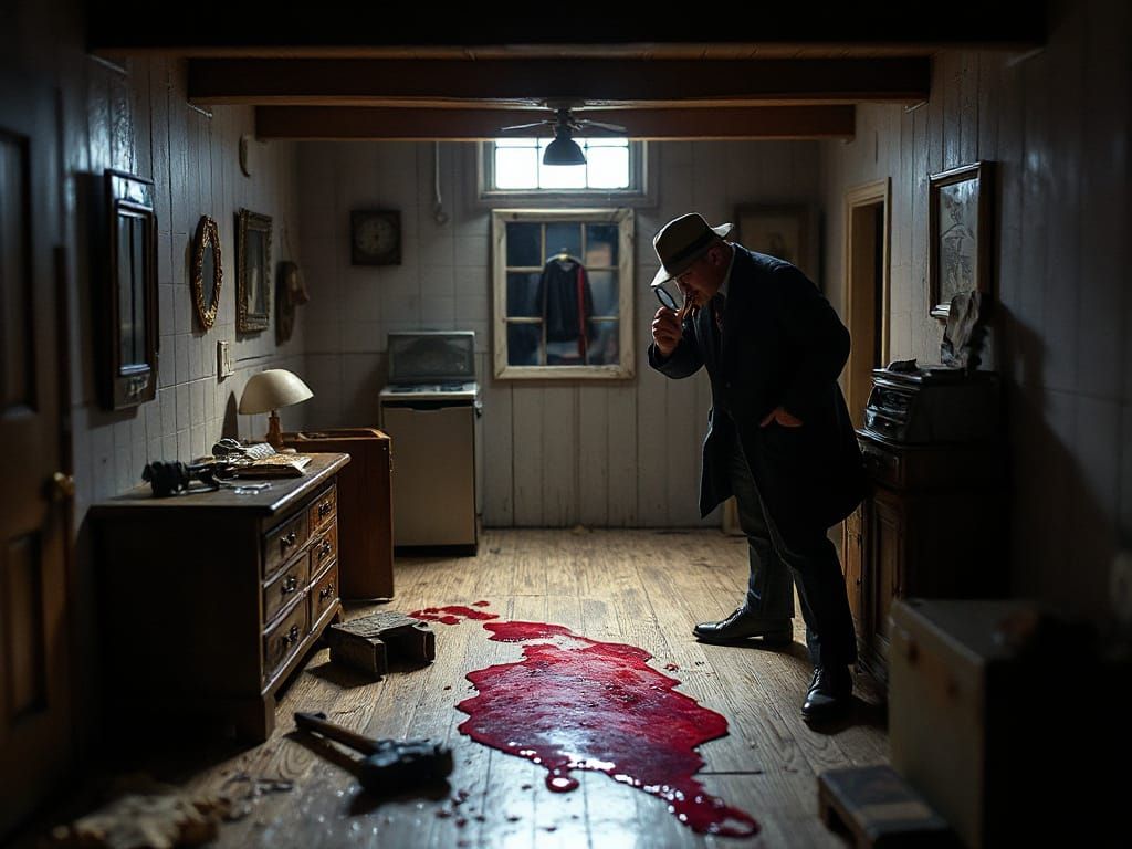 Noir Detective Inspects Crime Scene in Miniature Dollhouse