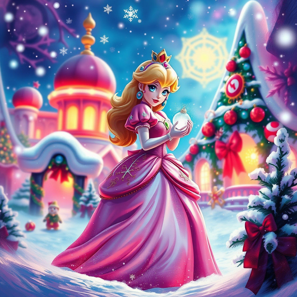 Princess Peach in a Cyberpunk Christmas Kingdom