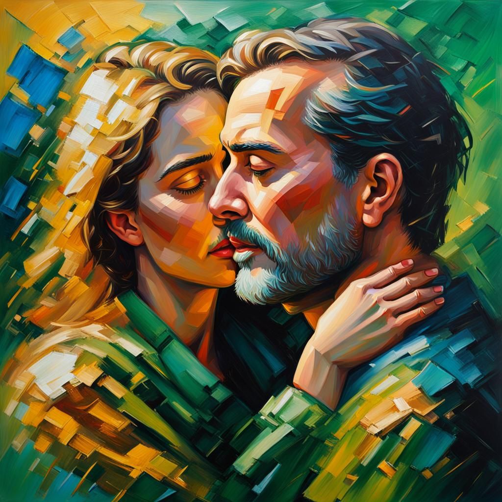 Lovers Embrace in Vibrant Oil Painting