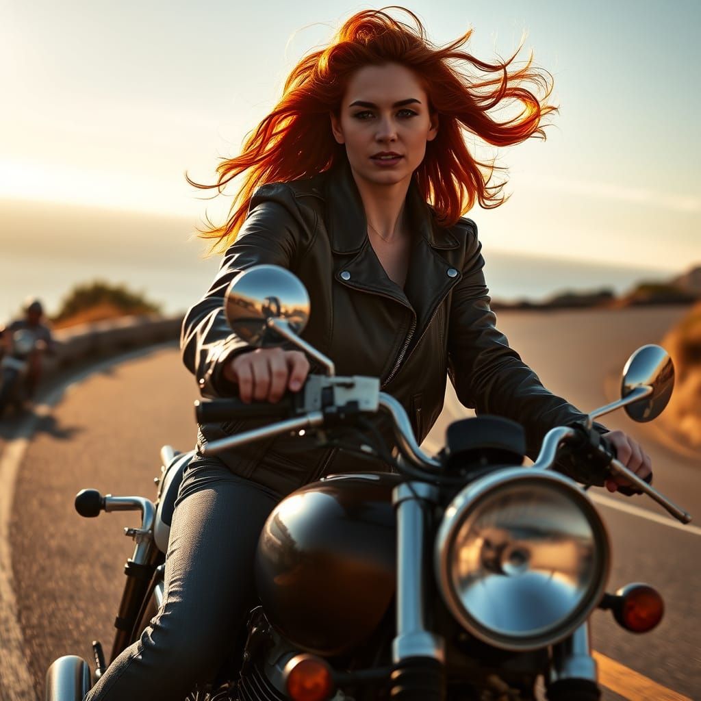 Redhead Rider Speeds Down Coastal Road