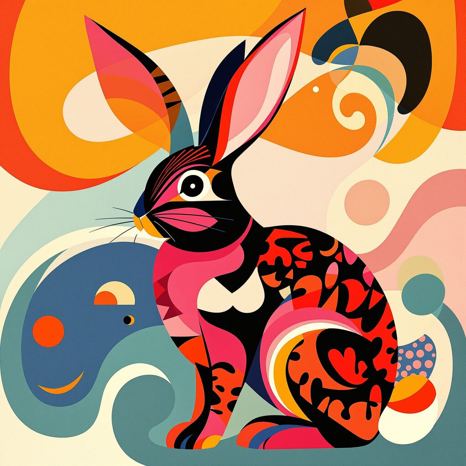 Art Deco Rabbit Portrait in Bold Geometric Patterns
