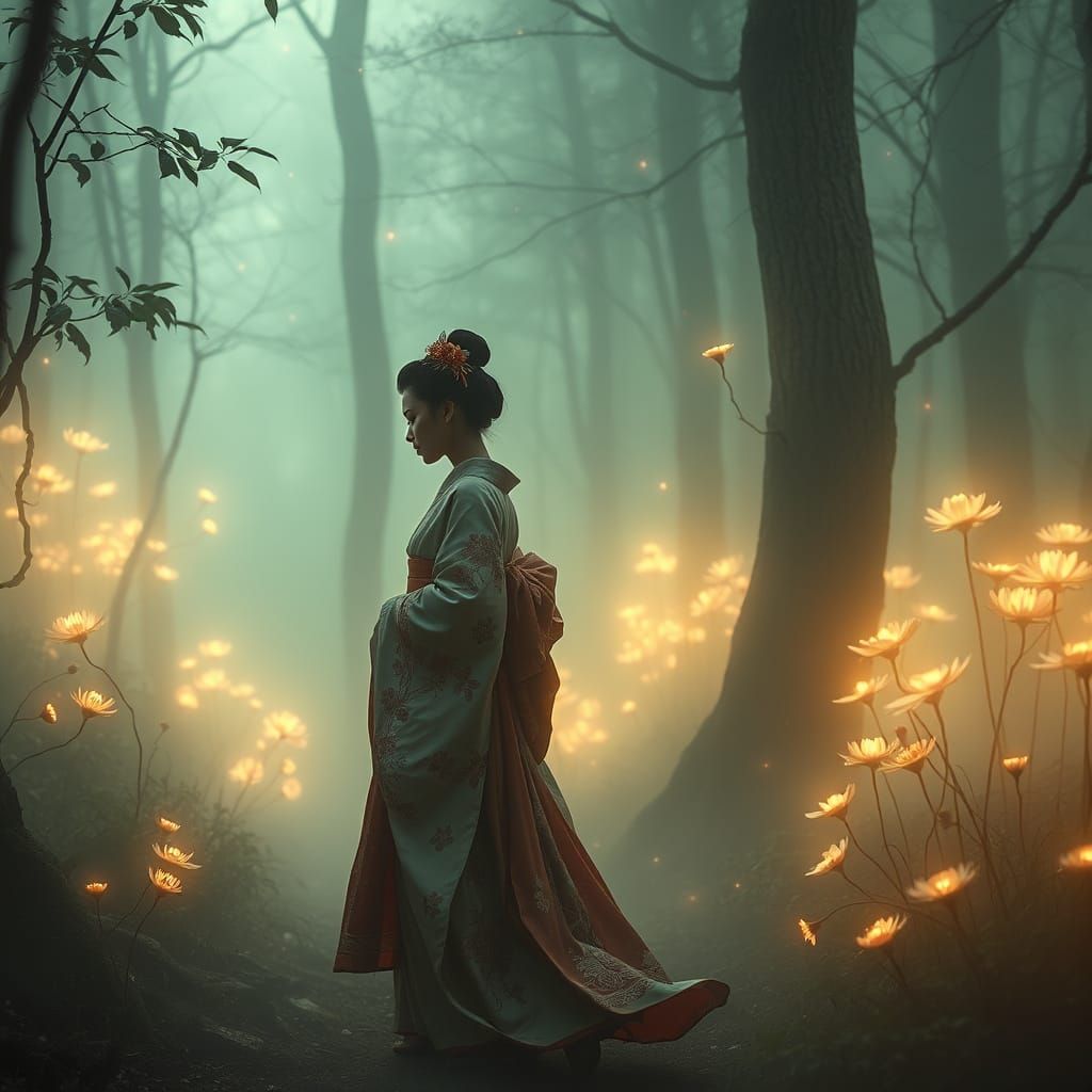 Ethereal Geisha in a Psychedelic Japanese Forest