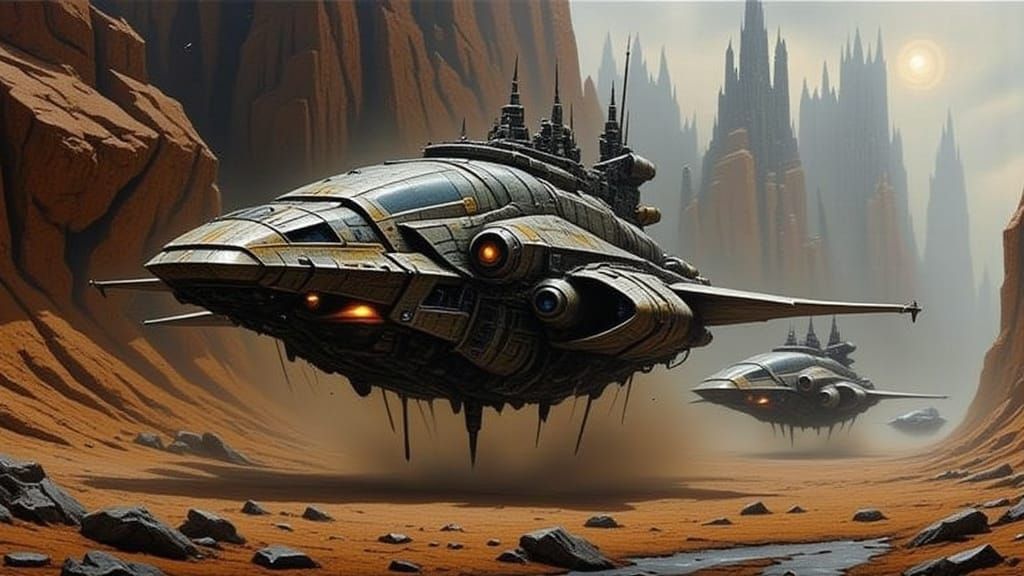 Surreal Sci-Fi Fighter Craft Engaged in Intense Combat Scene