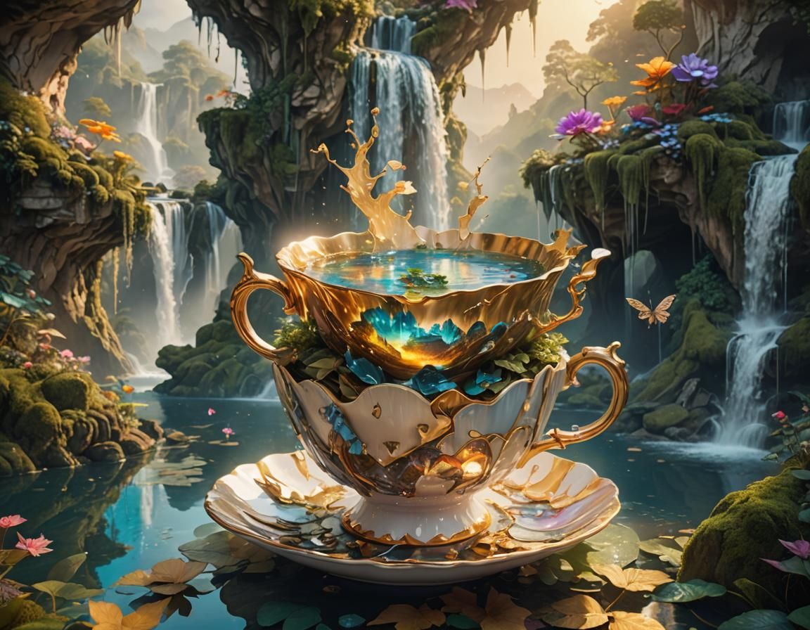 Fantasy Kingdom Inside Broken Teacup: Surreal Digital Art