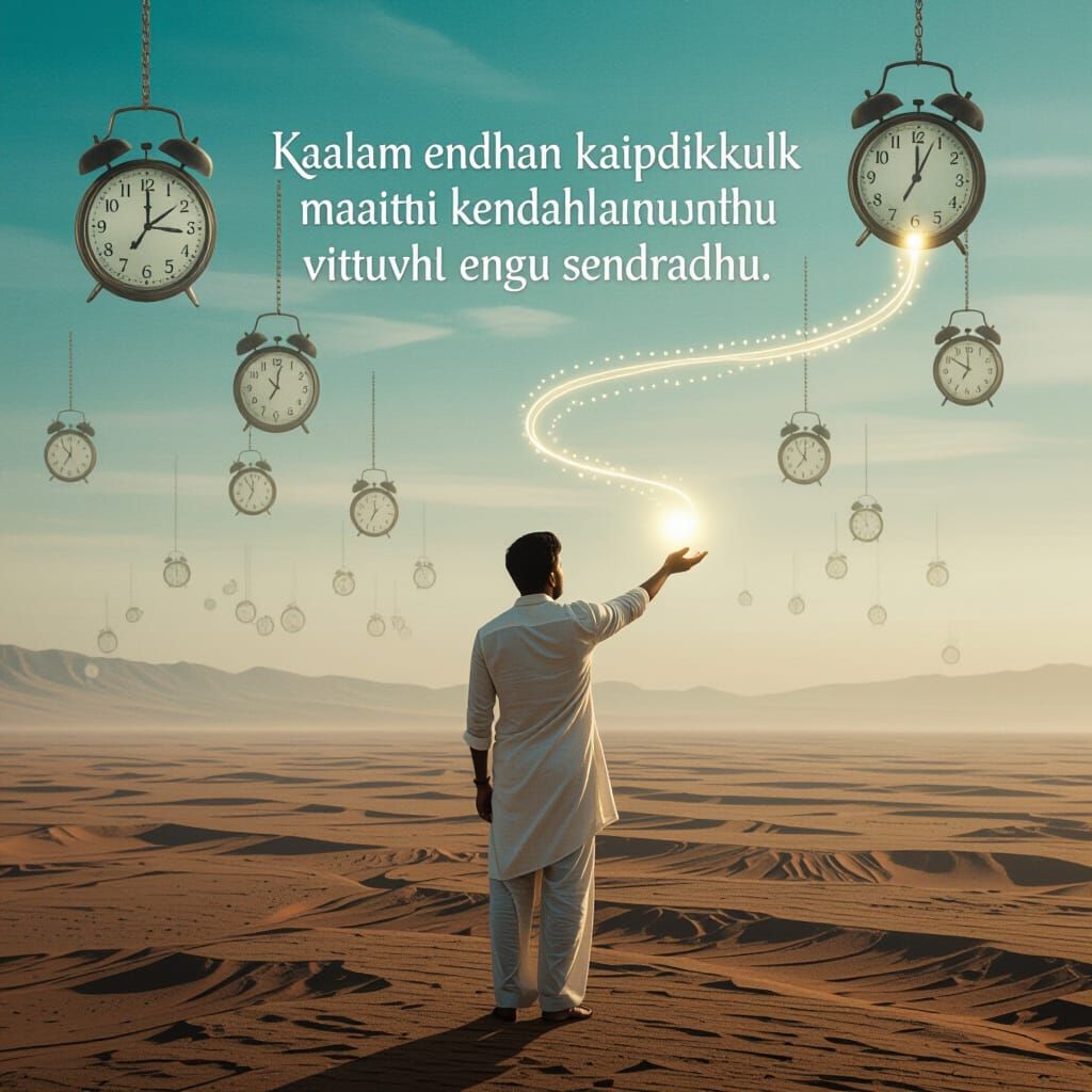 Surreal Man in Frozen Time Landscape with Glowing Light