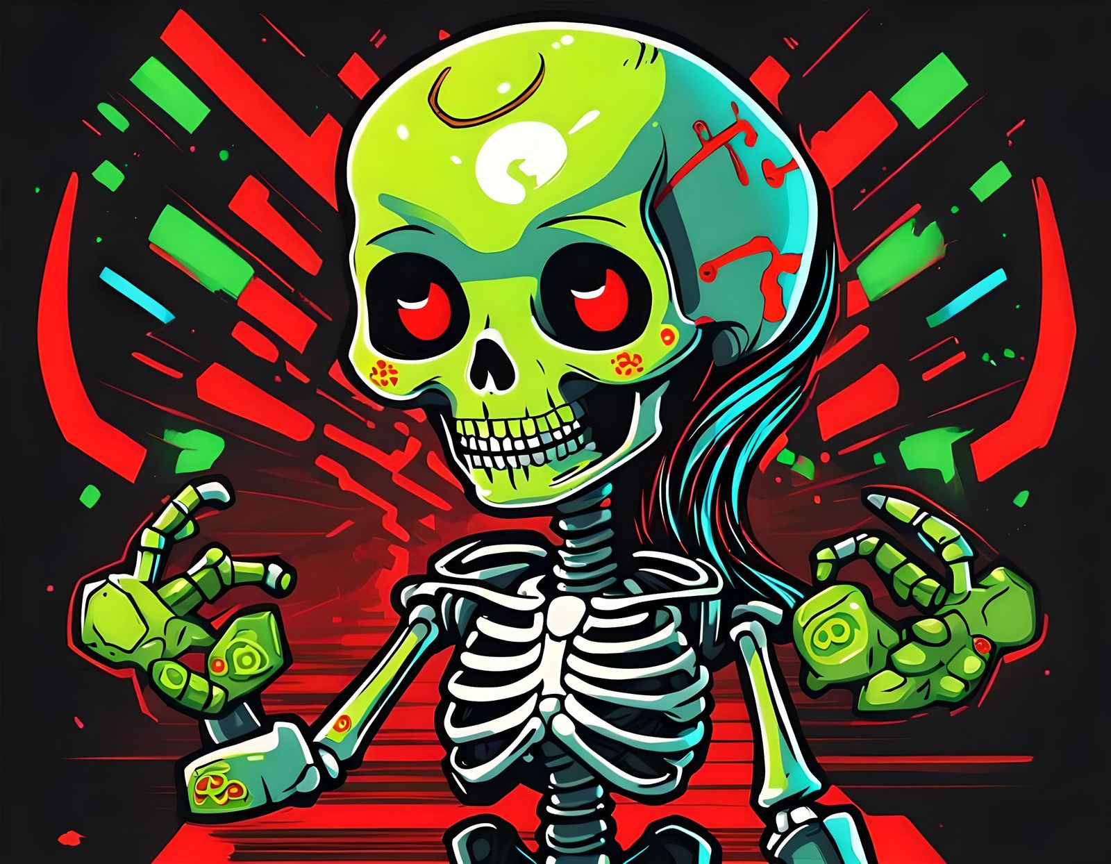 Evil Toddler Skeleton Cartoon in Cyberpunk Style