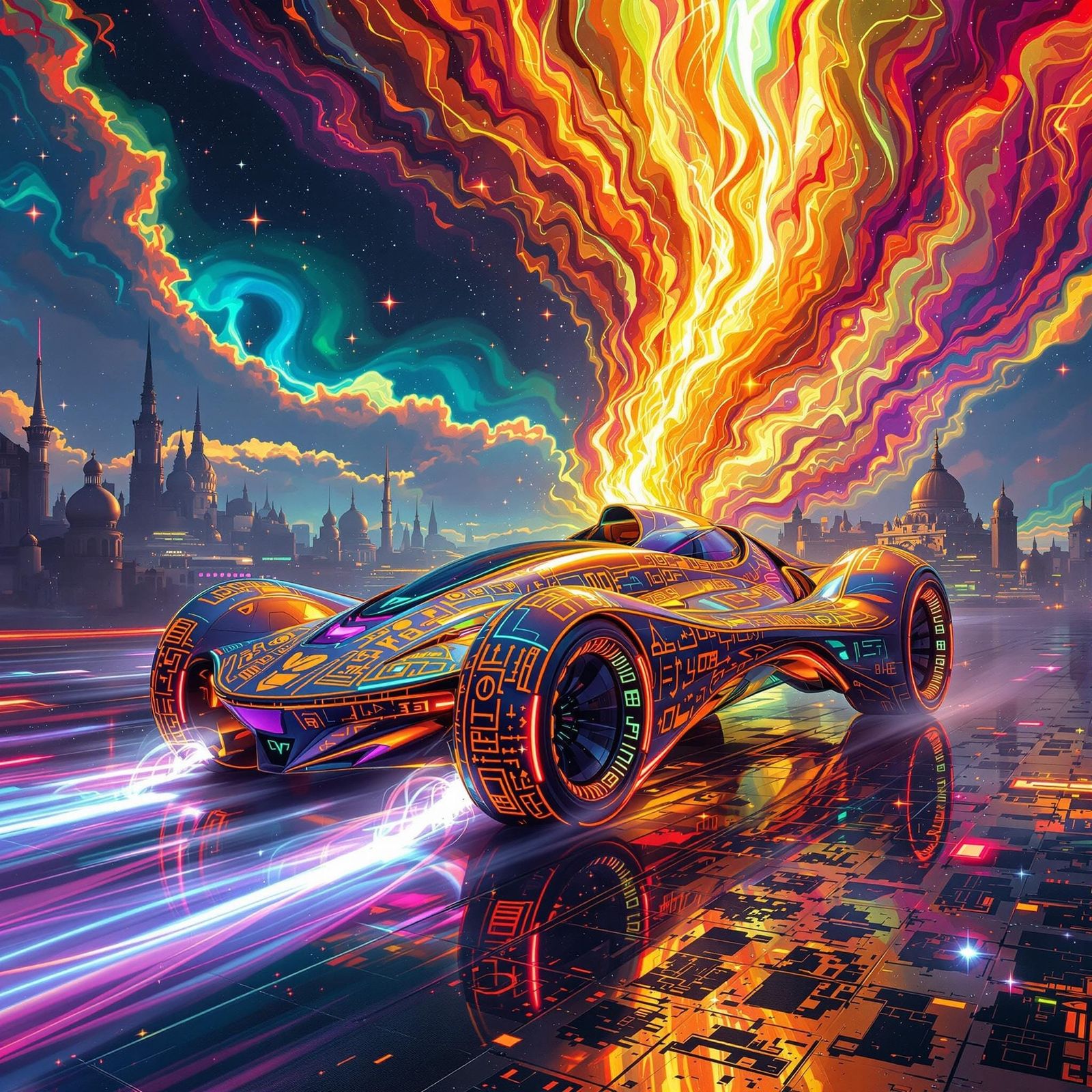 Psychedelic Supercar in Futuristic Metropolis