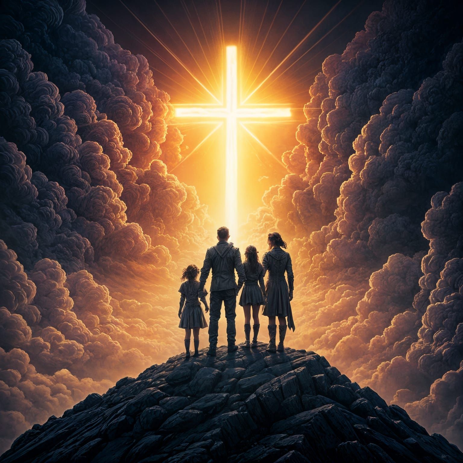 Family Gazing at Cross in Clouds, Dark Fantasy Art