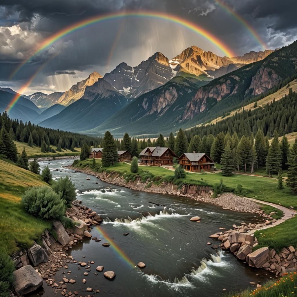 Rocky mountains with rain and a rainbow and a river bend and...