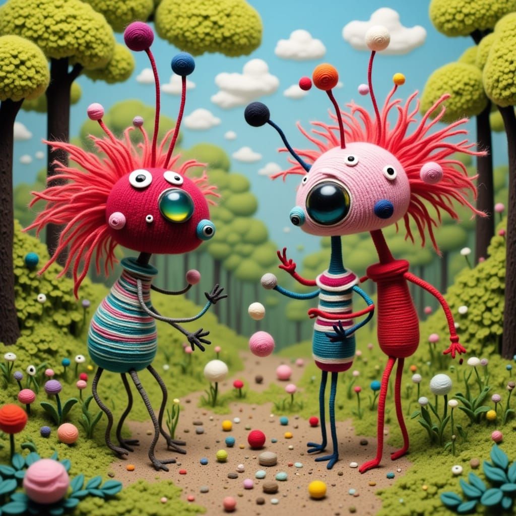 Whimsical Yarn Creatures in a Surreal Landscape