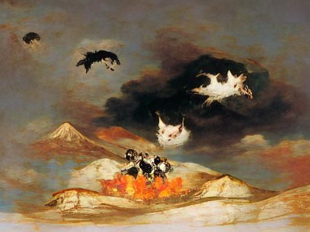Black Cats Fly Over Burning Earth: Horror Painting