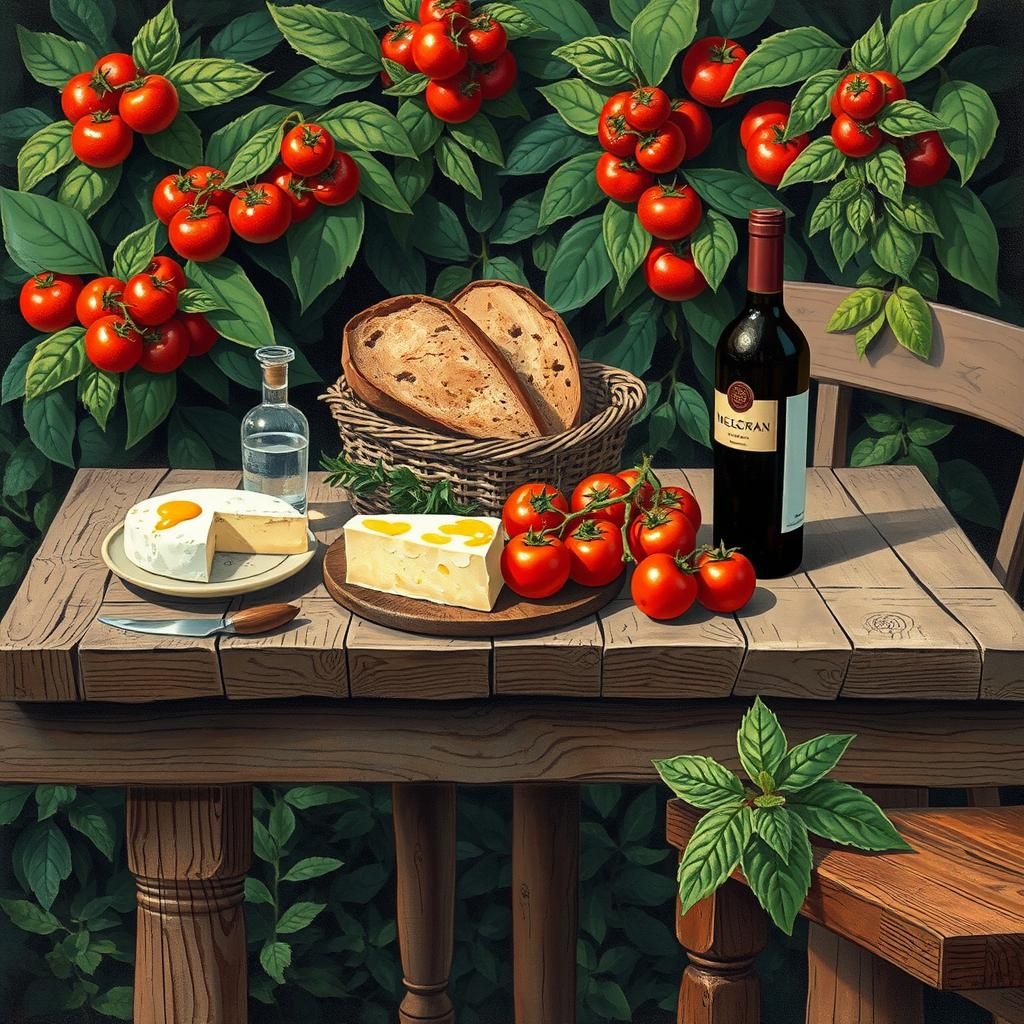 Cubist Still Life of Food on Wooden Table