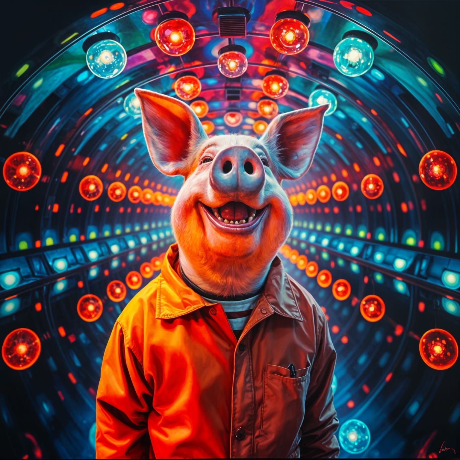 Surreal Pig-Man in Infinite Lightbulb Maze
