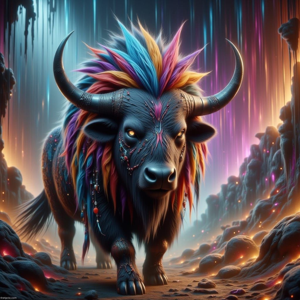 Surreal Fantasy Buffalo in Cyberpunk Textures