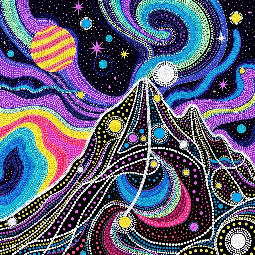Pointillism Cosmic Mountain Landscape in Space