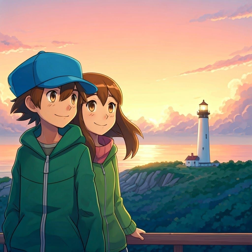 Pokémon Trainer and Sister Admire Lighthouse at Dawn