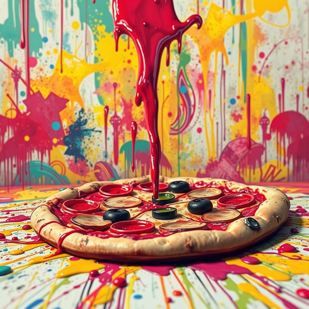 Vibrant Pizza World in Graffiti Splash Art Style