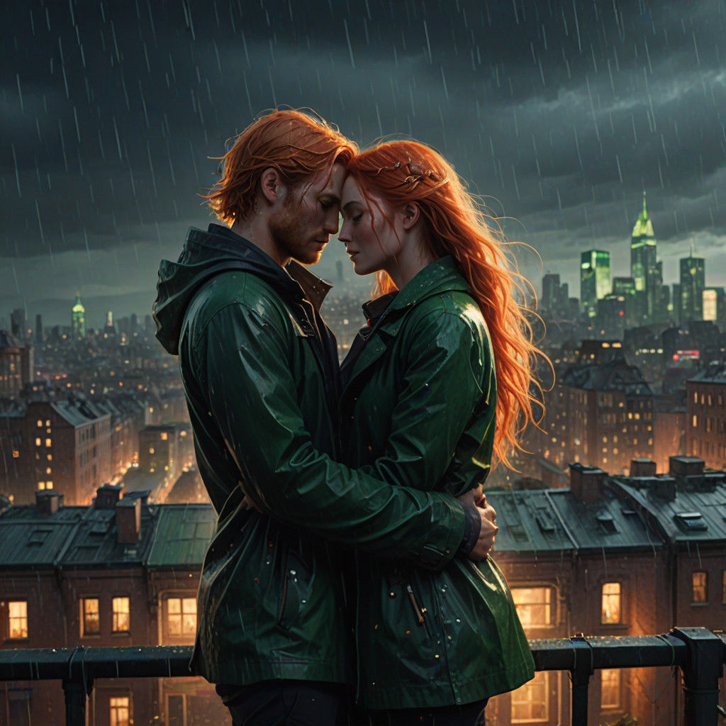 Couple Dancing on Rainy Rooftop in Vibrant Cityscape