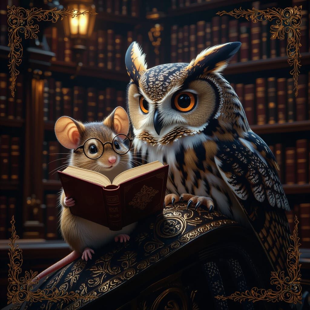 Mouse Reader on Owl's Shoulder in Victorian Library
