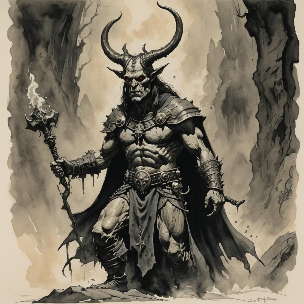 Enraged Horned Priest in Pencil and Watercolour