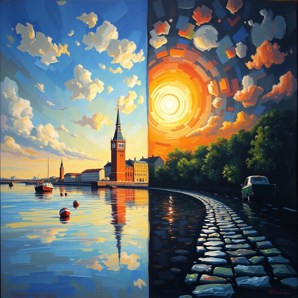 Day and Night Duality in Vibrant Oil Painting Style