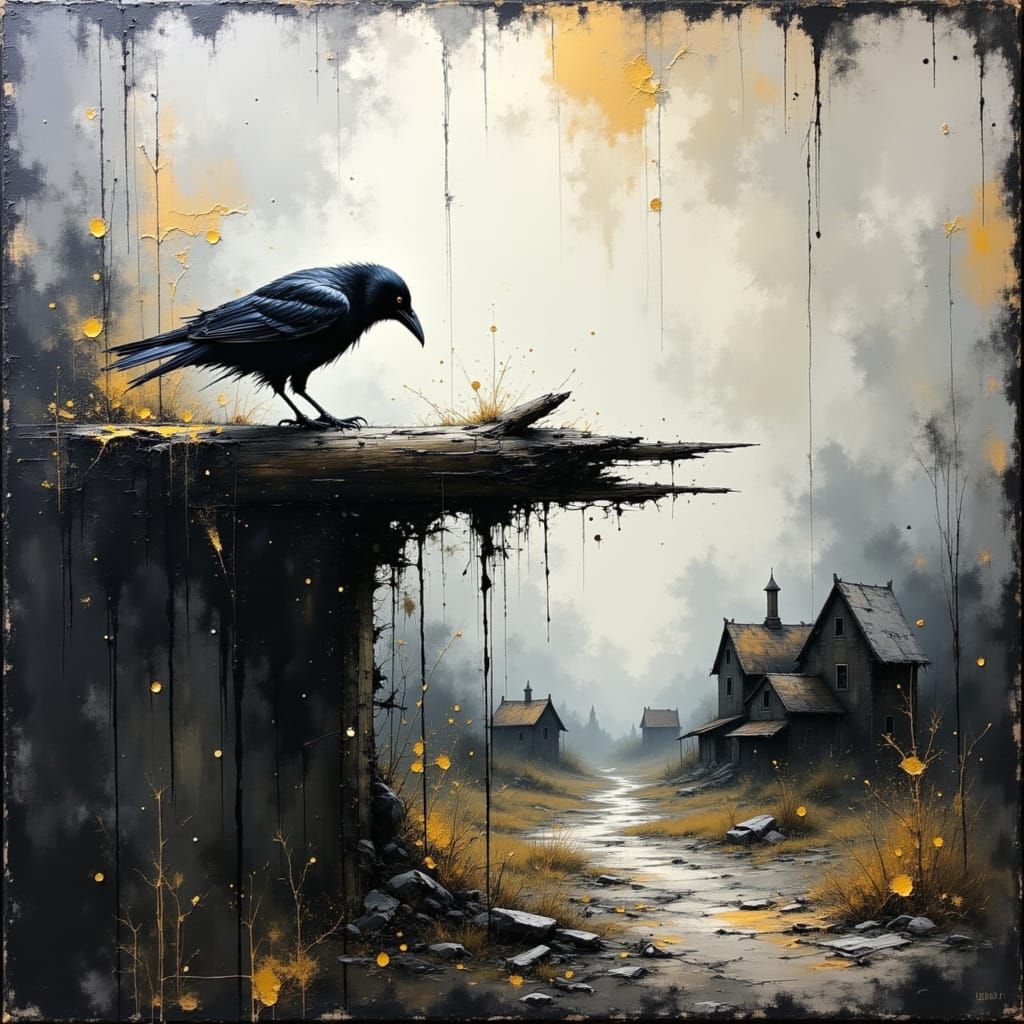 Raven in Post-Apocalyptic Village as Impasto Painting