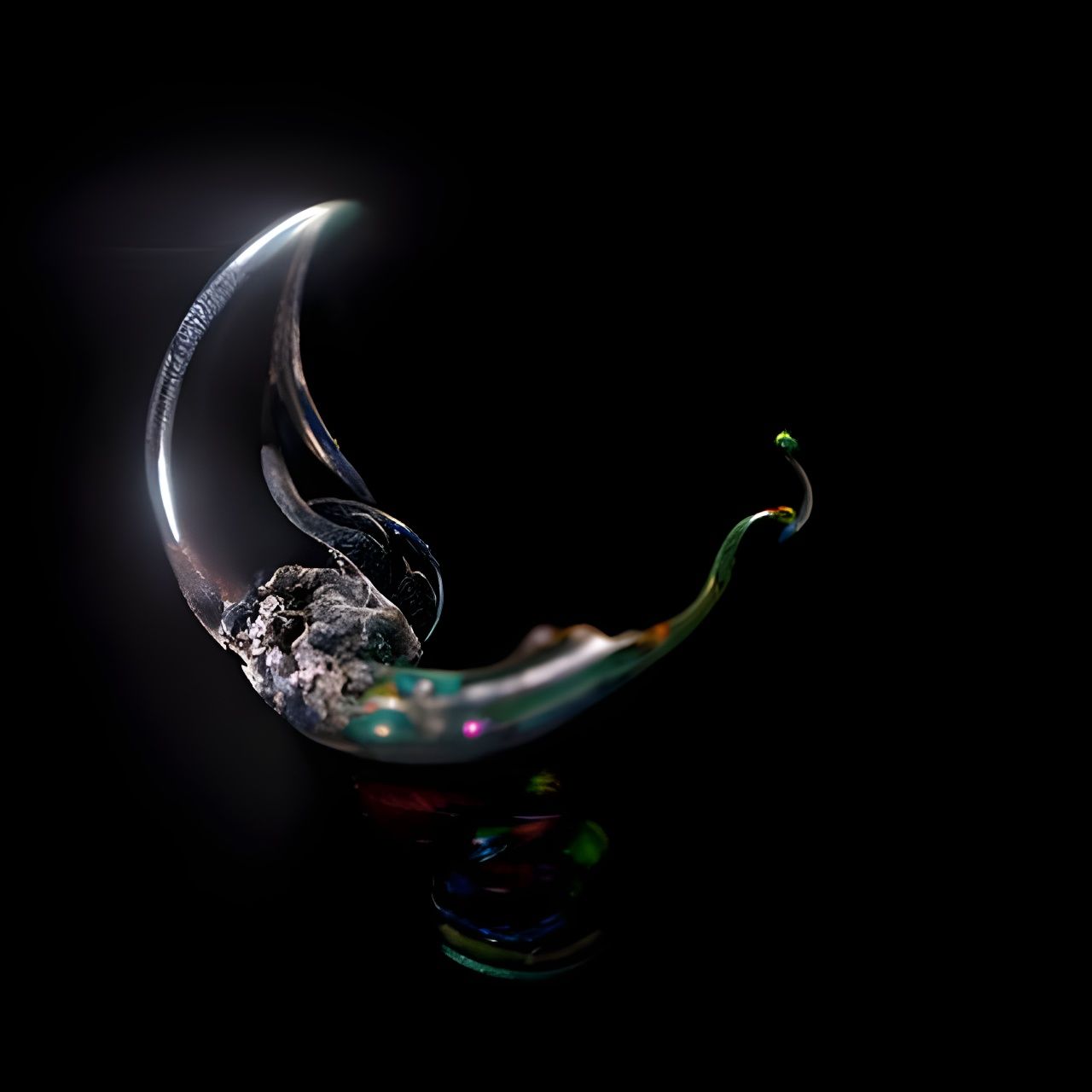 Glowing Glass Crescent Moon with Cosmic Energy