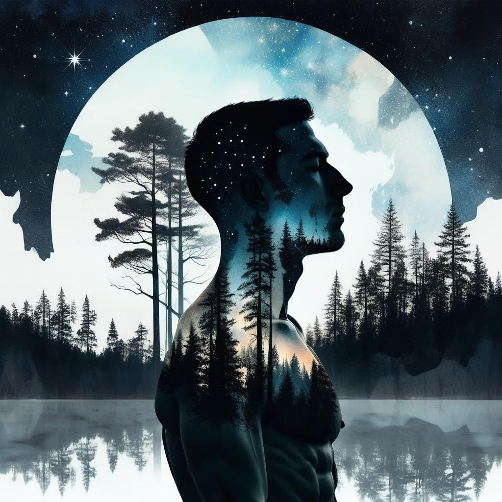 Surreal Double Exposure Landscape with Silhouette in Cartoon...